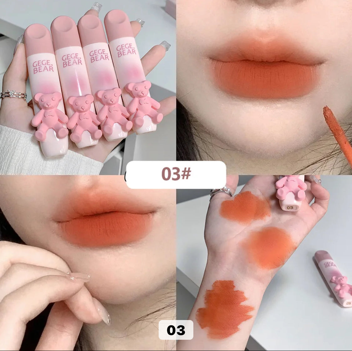 Gege Bear Cute pink bear matte lip gloss long-lasting waterproof color