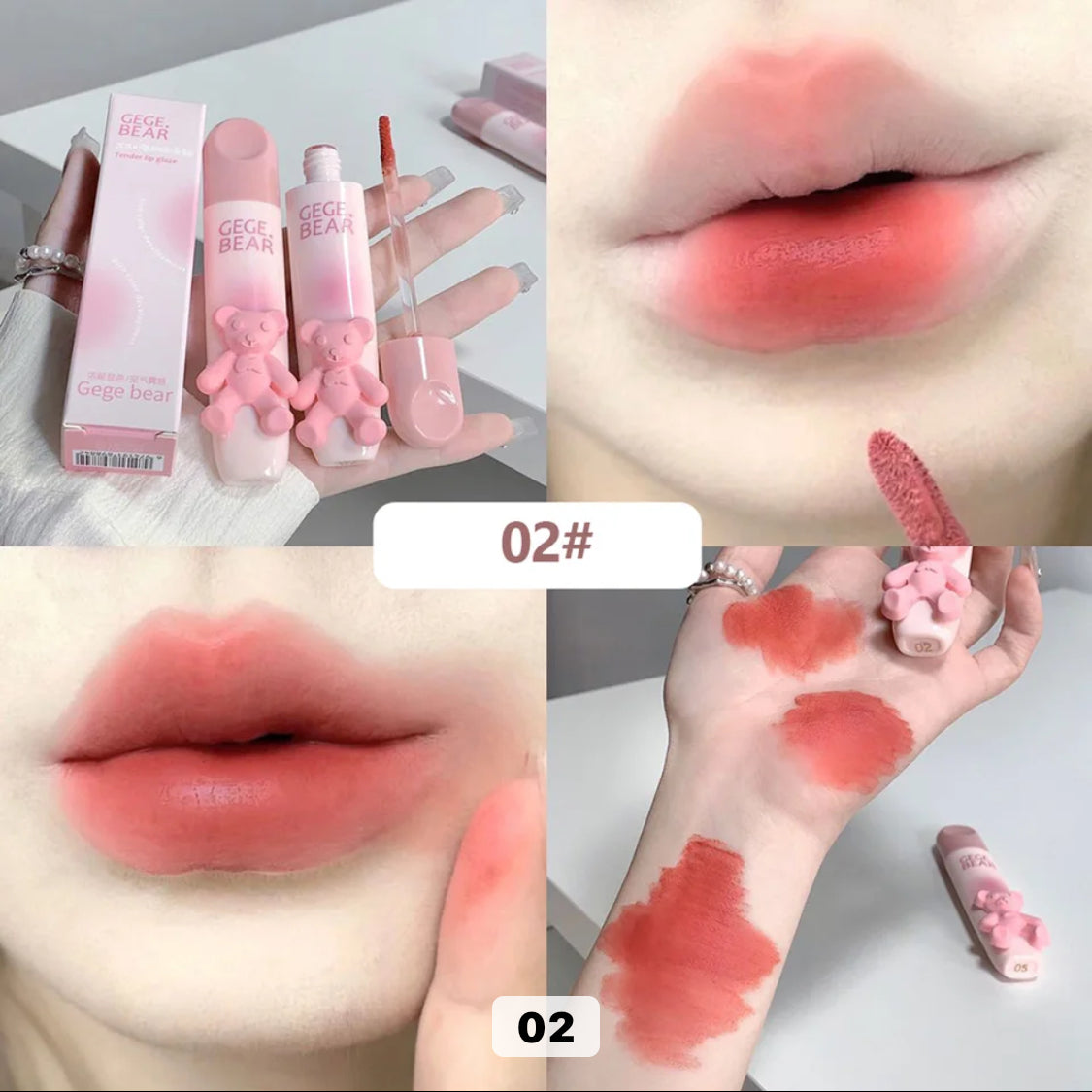 Gege Bear Cute pink bear matte lip gloss long-lasting waterproof color