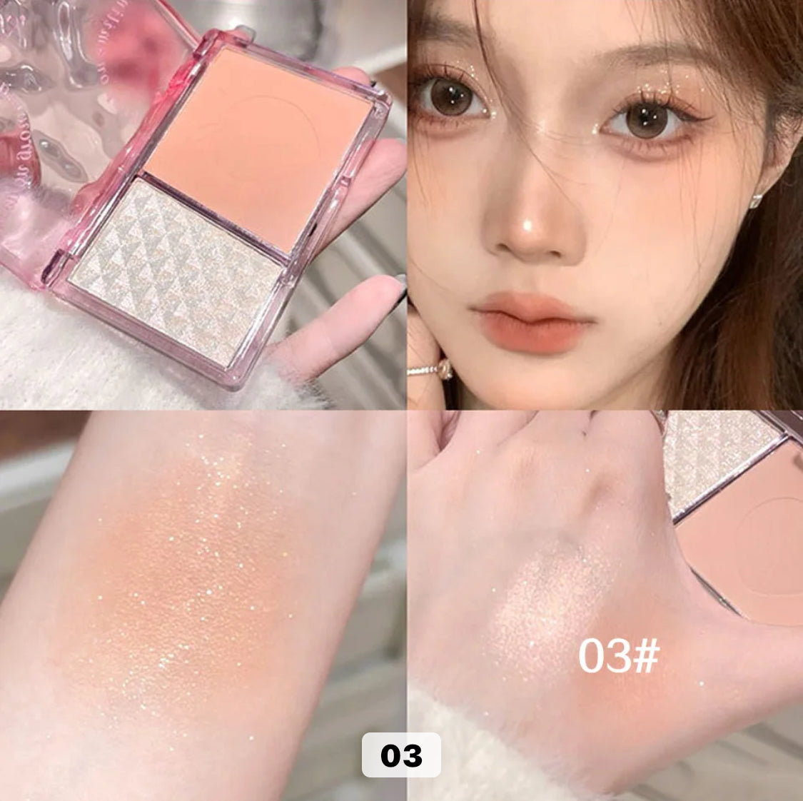 Leeinto long lasting blush and highlighter powder.